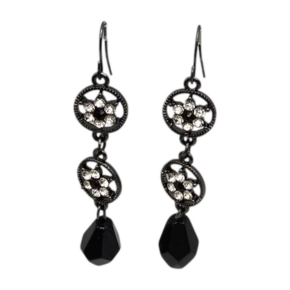 Pierced Earrings Ornate Disc Clear Rhinestones Flower Star Design Black Beads
